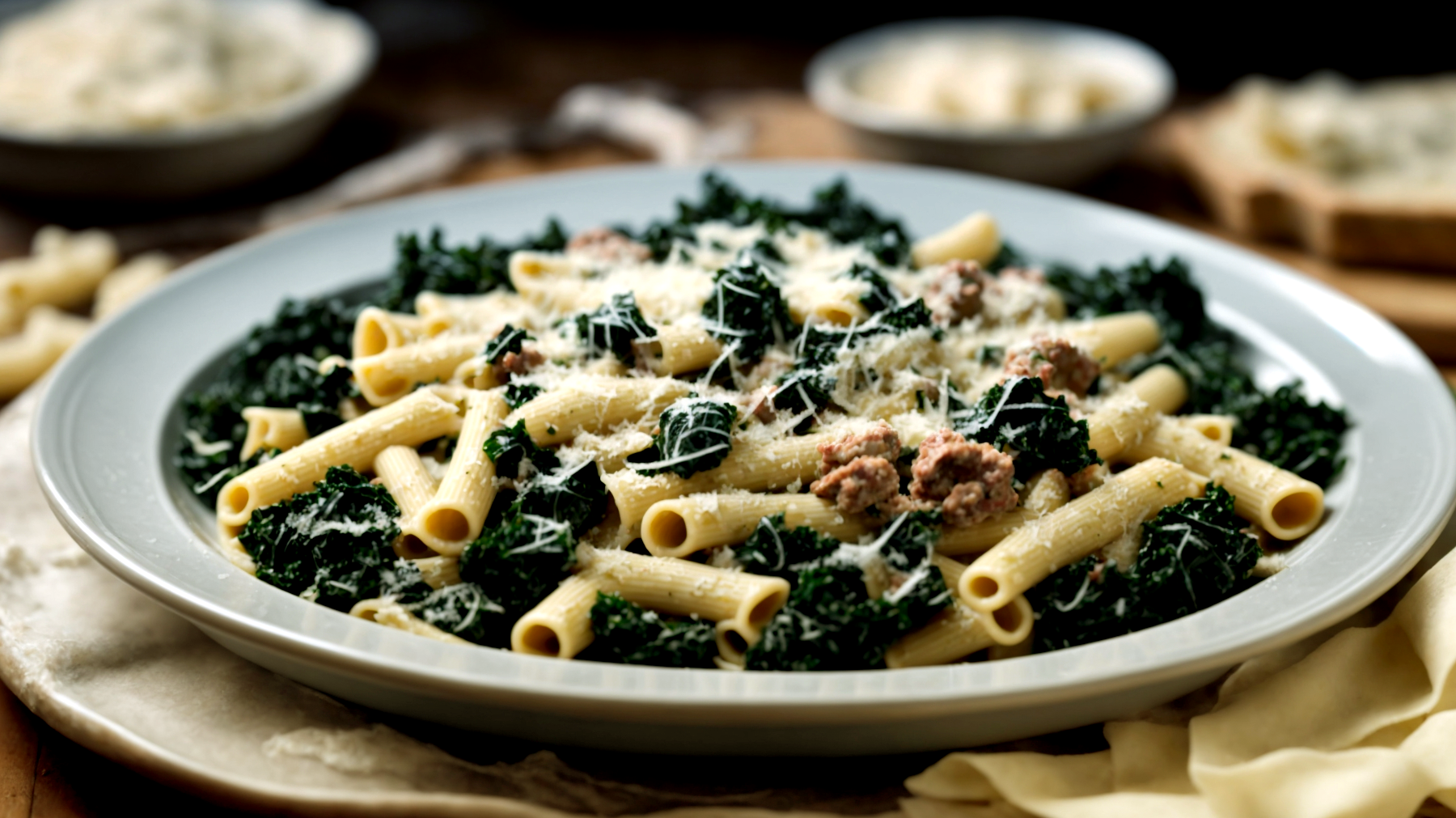 Penne salsiccia cavolo nero pecorino romano"